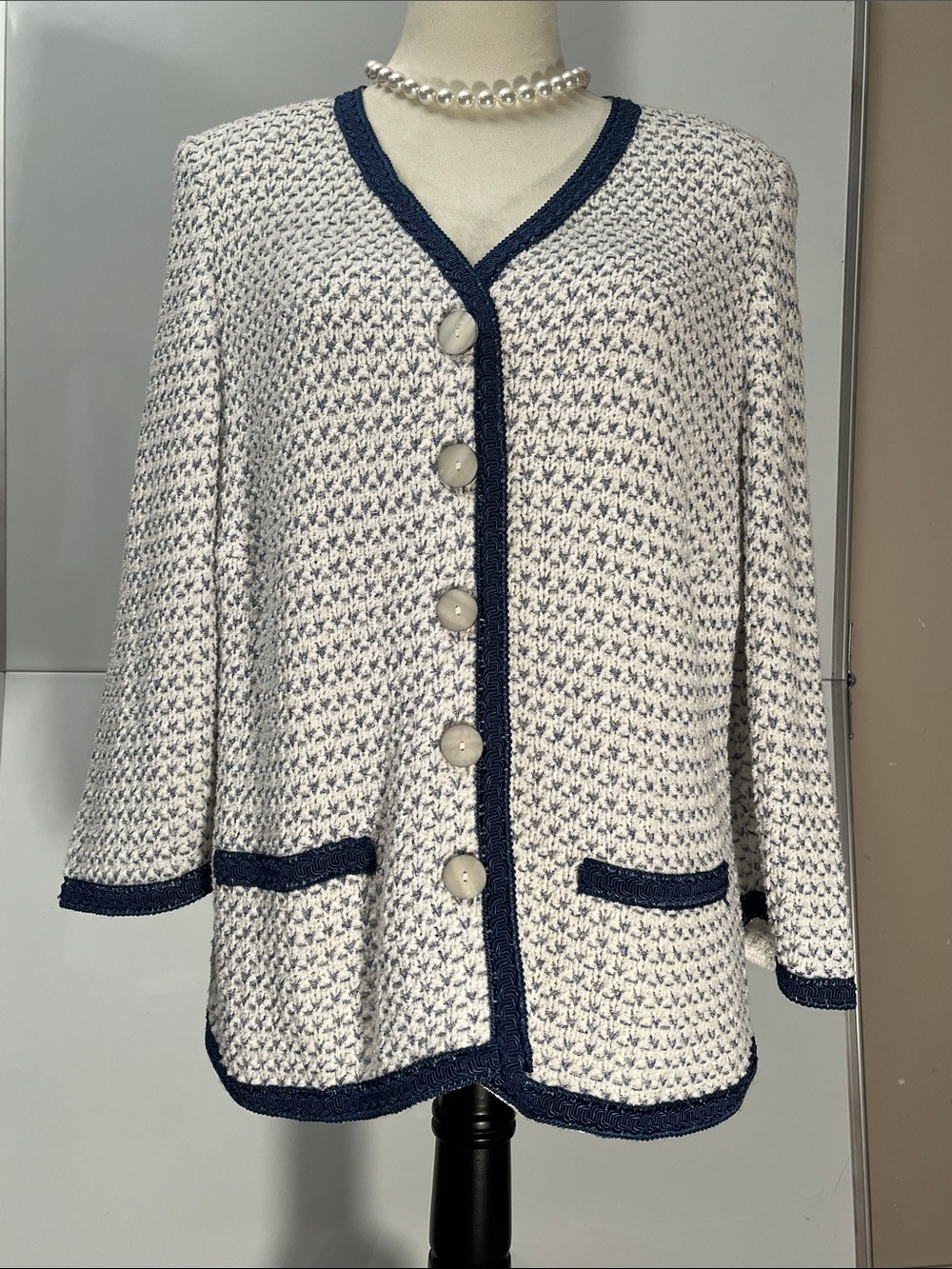 Stizzoli White Cardigan with Navy Trim